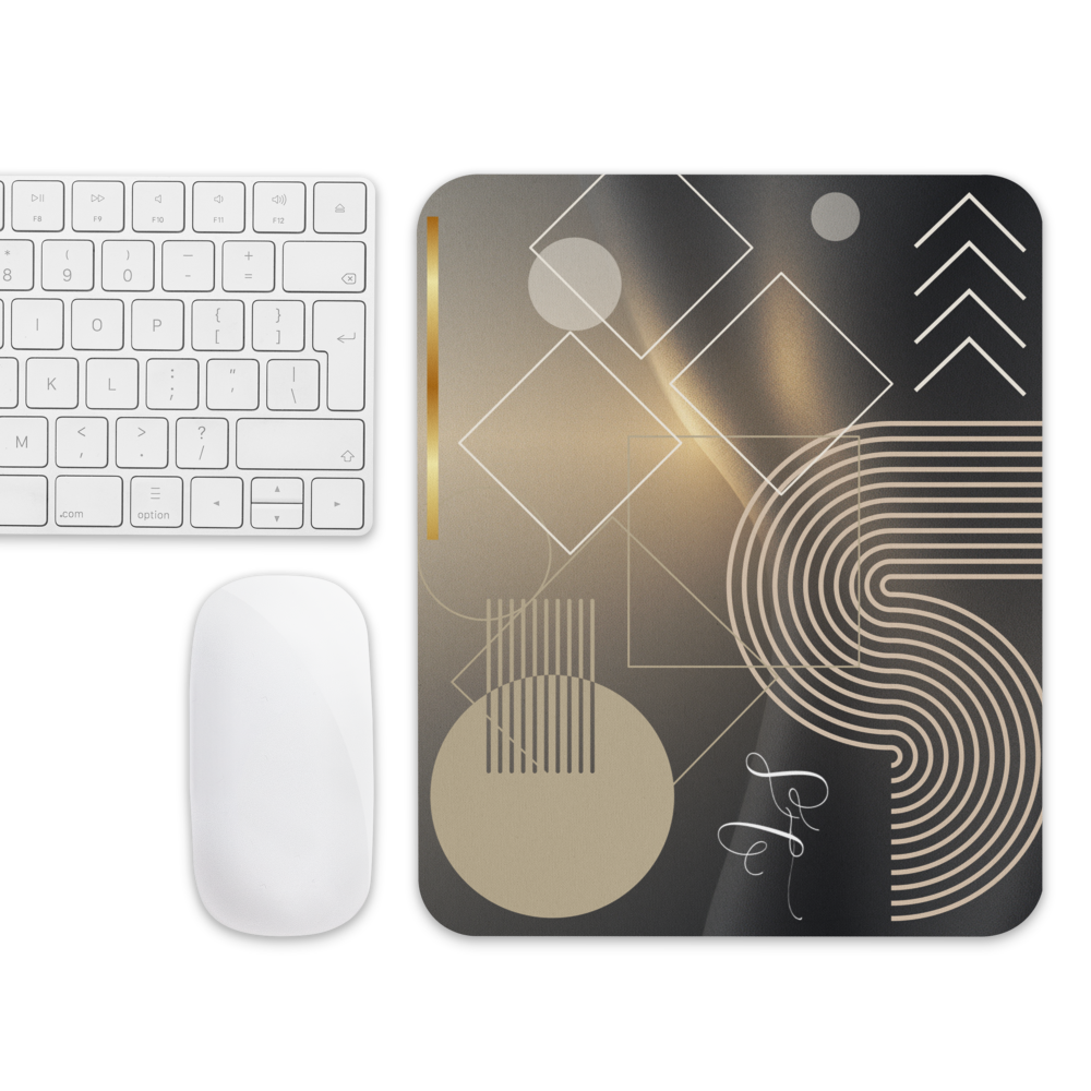 Black geometric mouse pad by Lumine studio shown in a desk setup with keyboard and mouse
