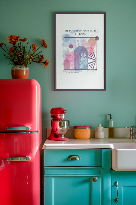 Wall art poster displayed in a colorful modern kitchen with retro fridge and decorative elements