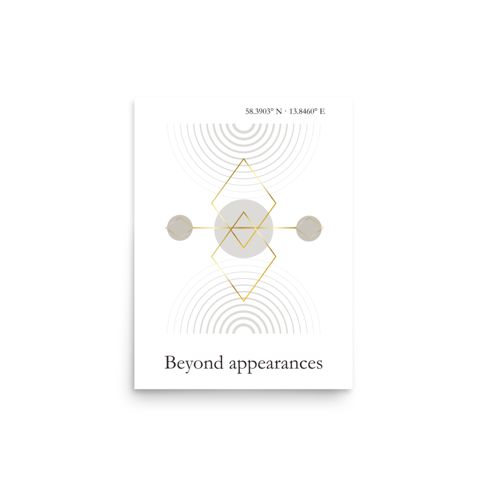 Minimalist geometric wall art print in neutral tones with abstract design titled Beyond Appearances