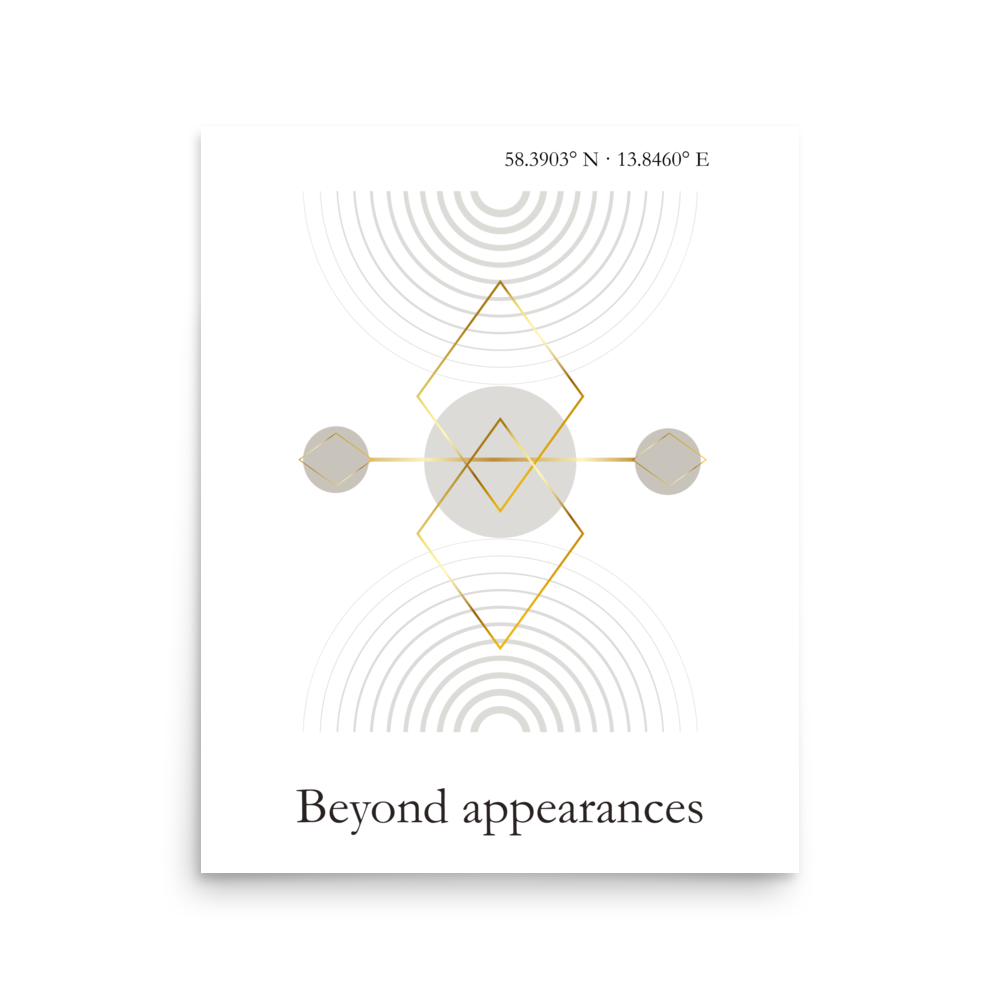 Minimalist geometric wall art print in neutral tones with abstract design titled Beyond Appearances
