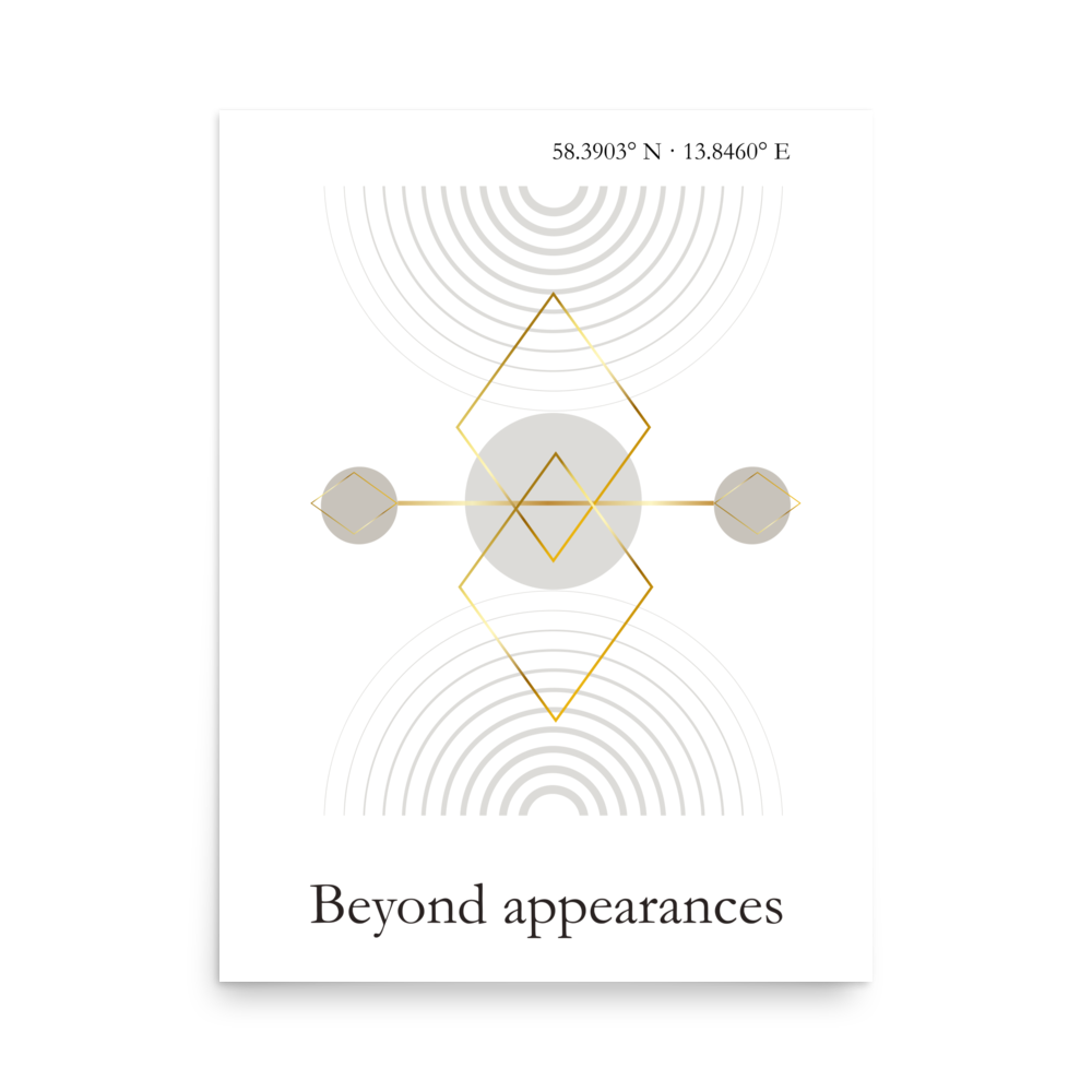 Minimalist geometric wall art poster in neutral tones with abstract design titled Beyond Appearances