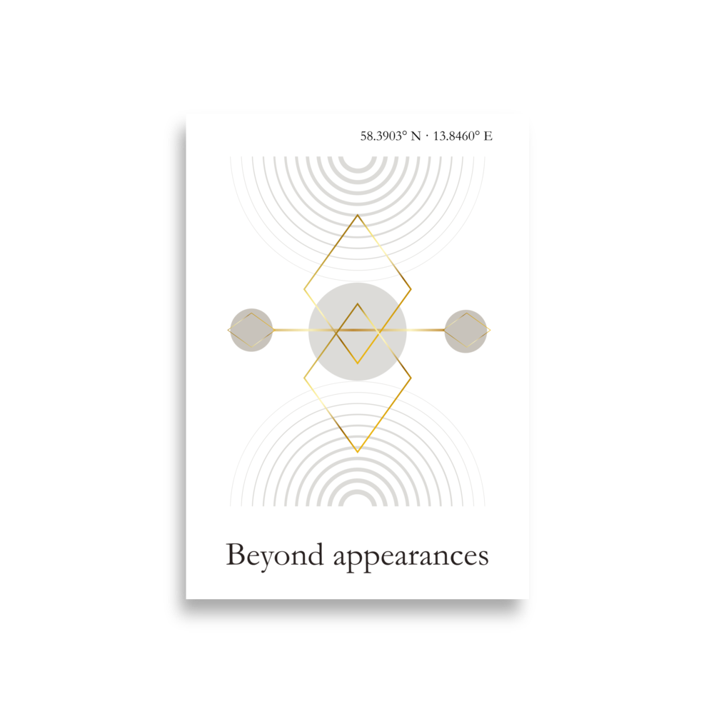 Minimalist geometric wall art poster in neutral tones with abstract design titled Beyond Appearances
