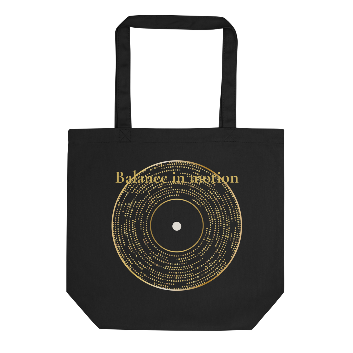 Black eco tote bag with a gold abstract circular graphic and minimalist typography.