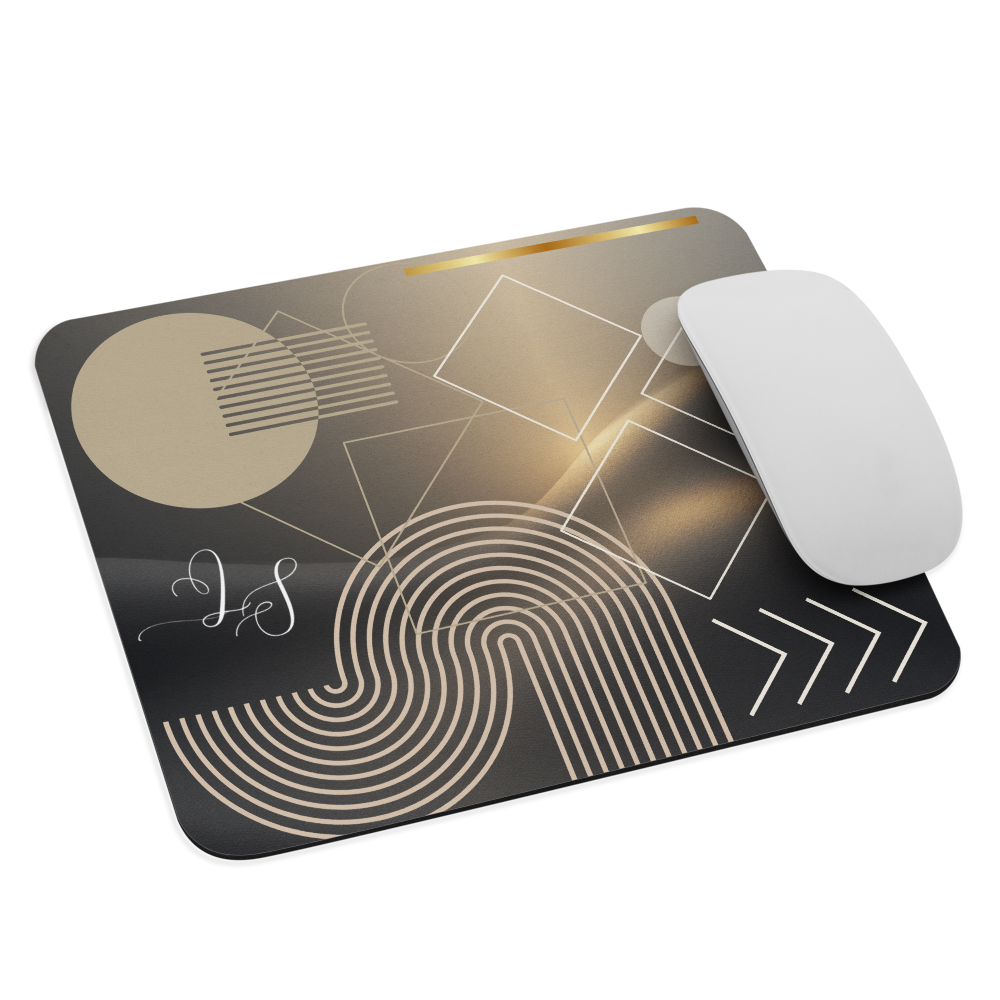 Back Lumine Studio mouse pad with modern white geometric design and gold details, front view