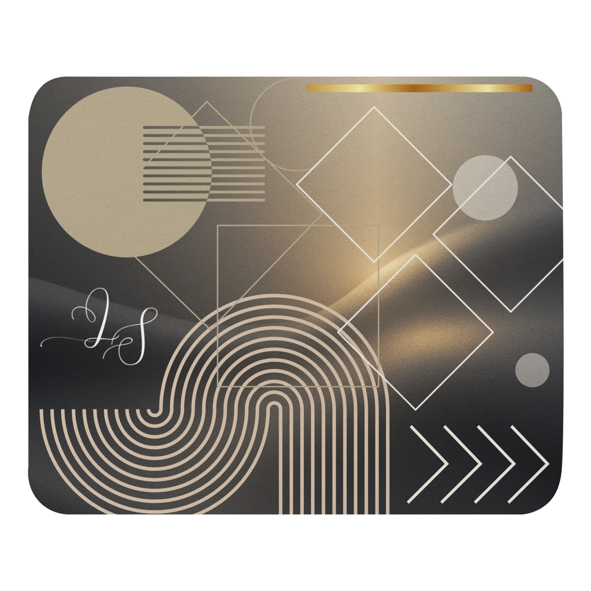 Black mouse pad with modern white geometric pattern and gold accnts by Lumine Studio