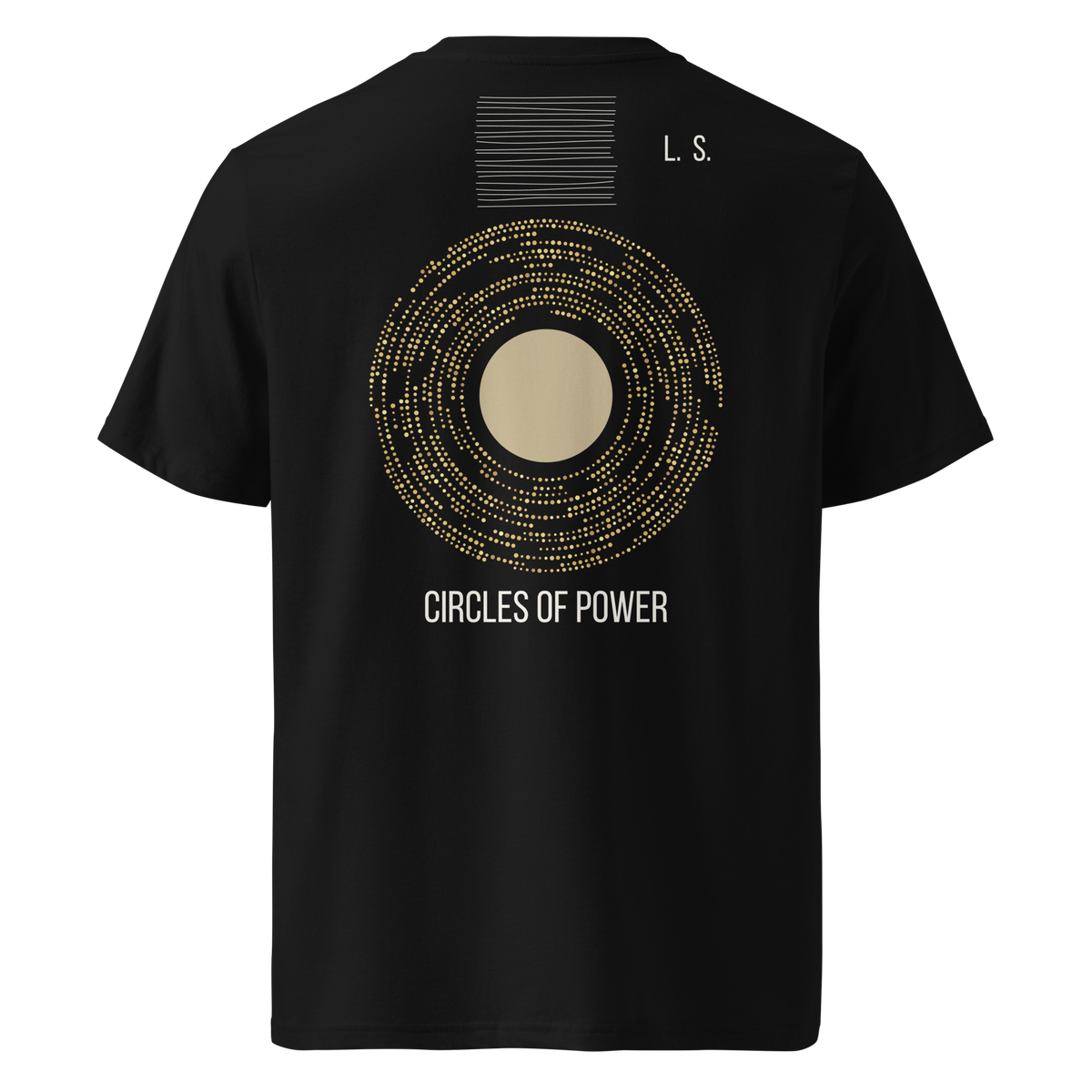 Black unisex organic otton T-shirt with a gold Circles of Power graphic on the back