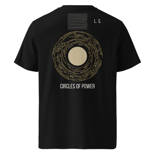 Black unisex organic otton T-shirt with a gold Circles of Power graphic on the back