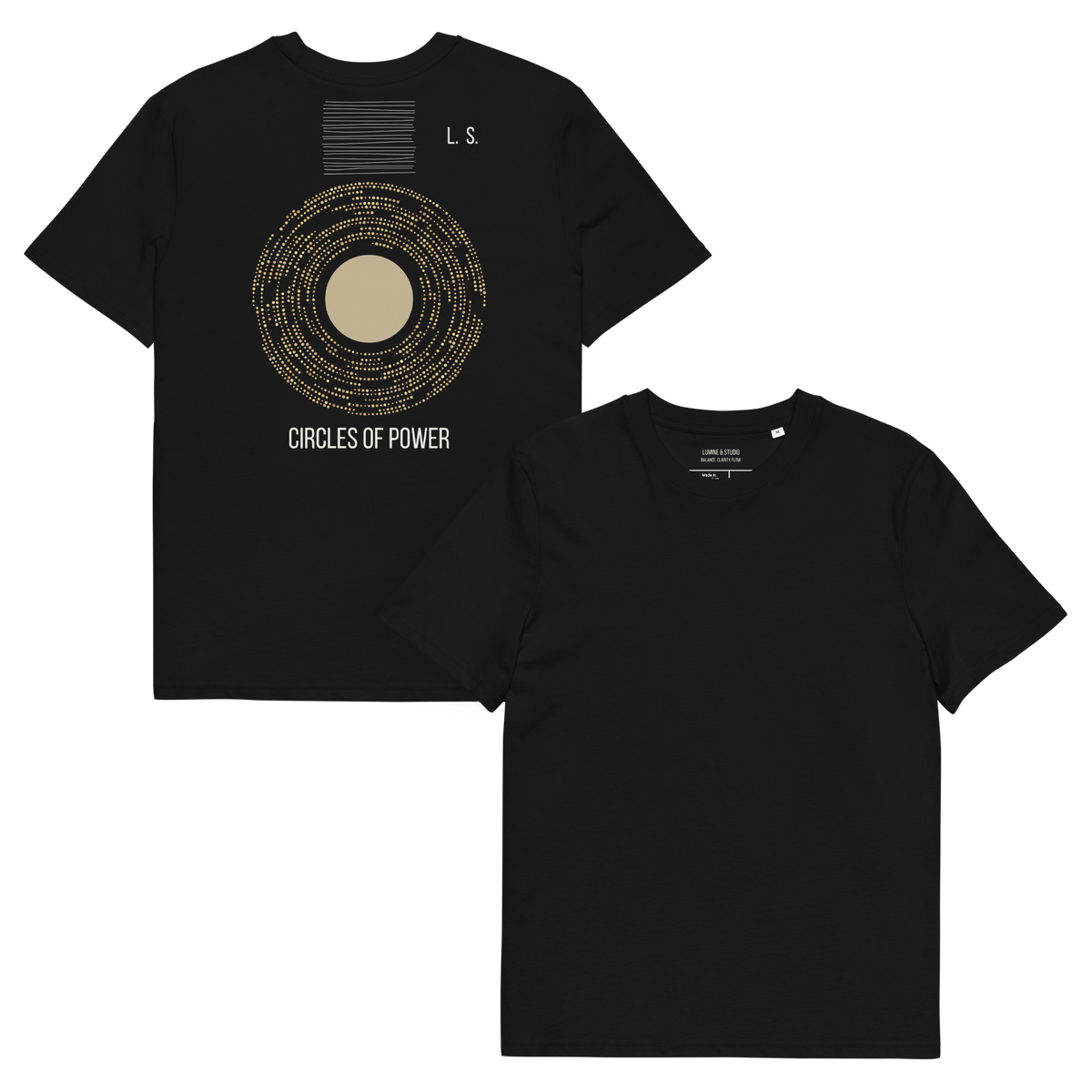 Black unisex organic cotton T-shirt shown from the front and back with a   gold Circles of Power graphc