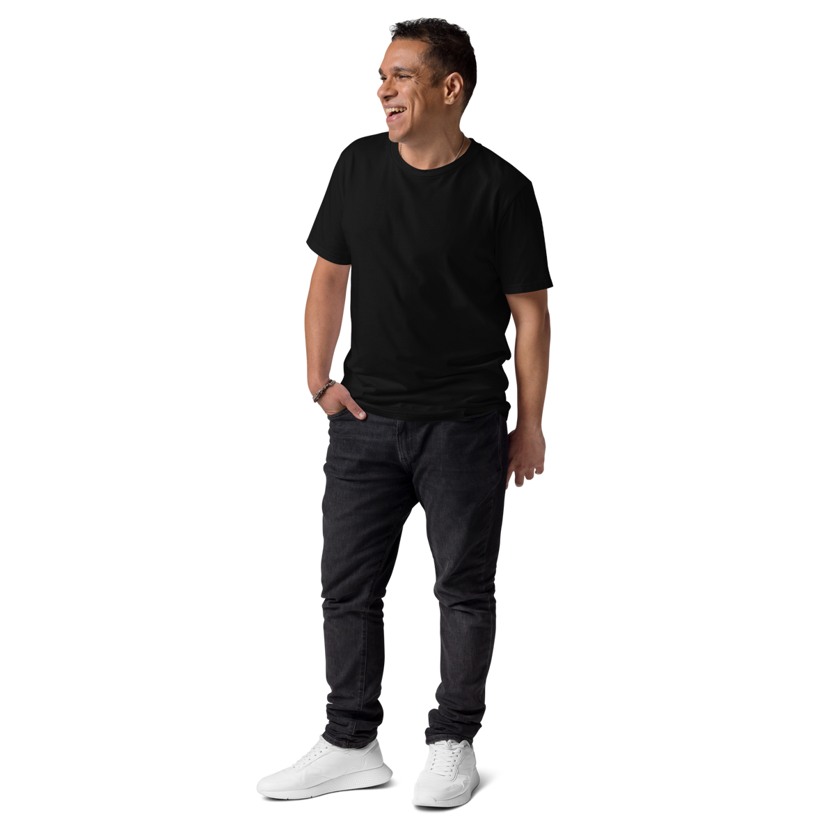 Person wearing a plain black unisex organic cotton T-shirt, front view