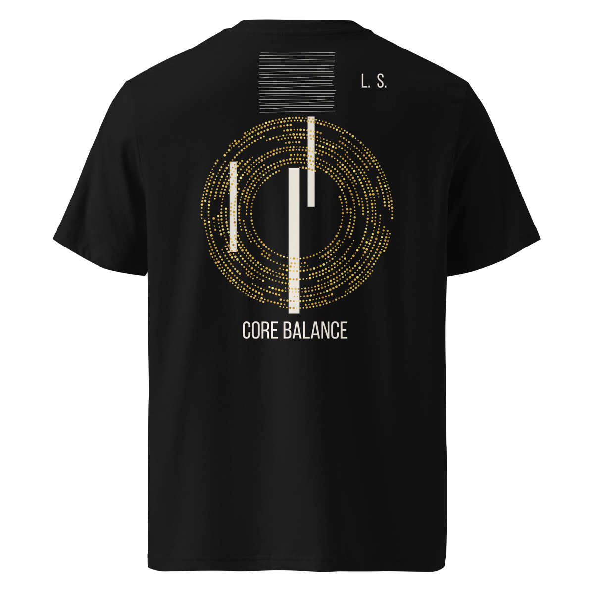 Back unisex organic cotton T-shirt with gold Core Balance grapic and small upper-back branding