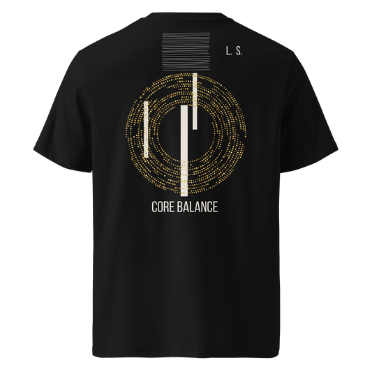 Back unisex organic cotton T-shirt with gold Core Balance grapic and small upper-back branding
