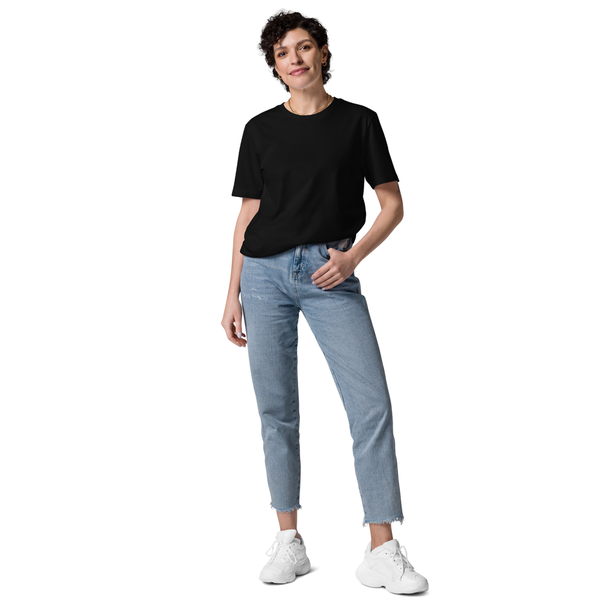Person wearing a plain black unisex organic cotton T-shirt, front view