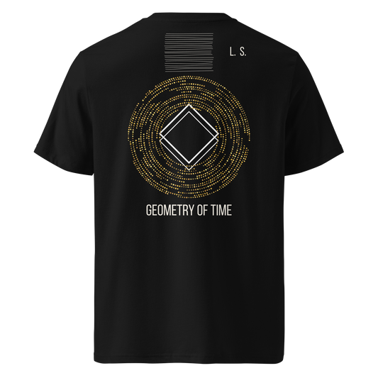 black unisex organic cotton T-shirt with a gold geometric geometry of Time graphic on the back