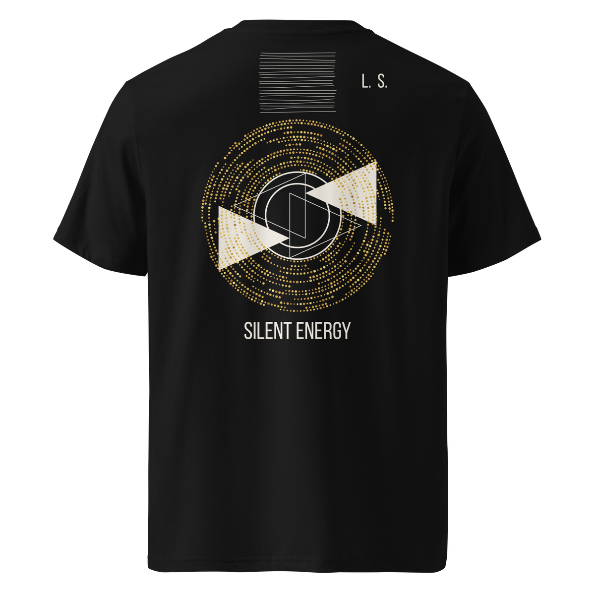 Black unisex organic cotton T-shirt with a gold and white Silent Energy graphic on the back
