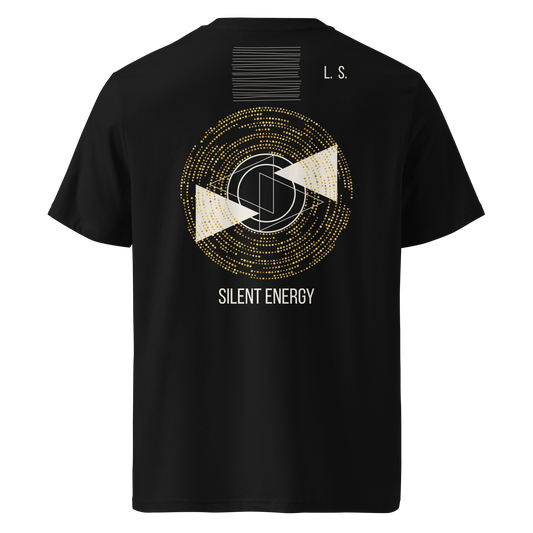 Black unisex organic cotton T-shirt with a gold and white Silent Energy graphic on the back