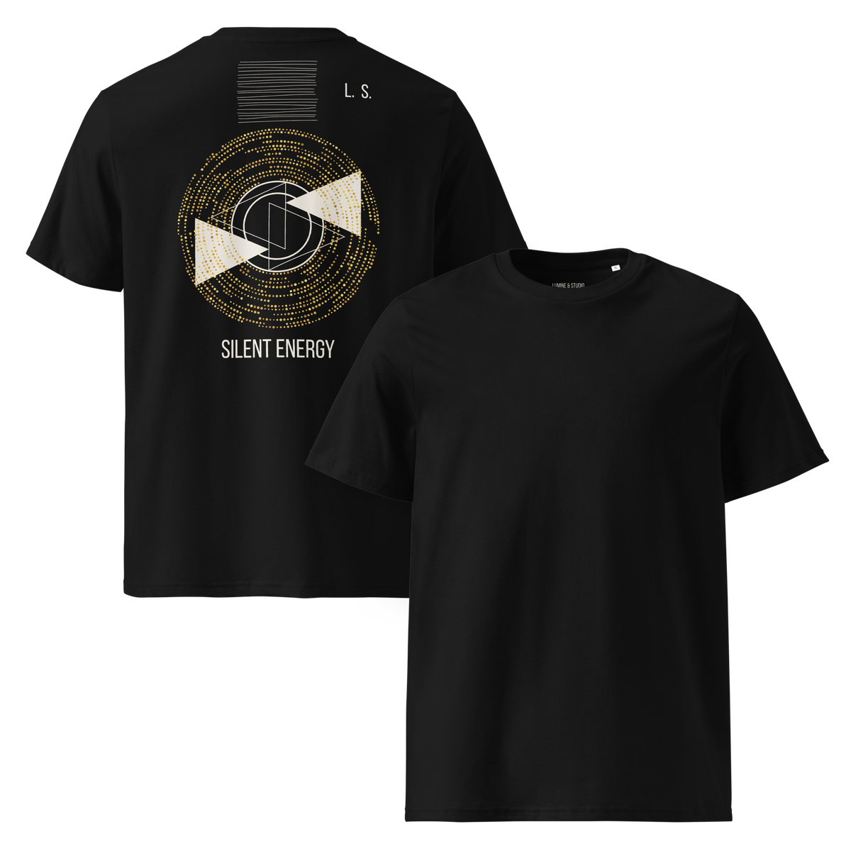 Black unisex organic cotton T-shirt shown from the ront and back with a gold and white Silent Energy graphic
