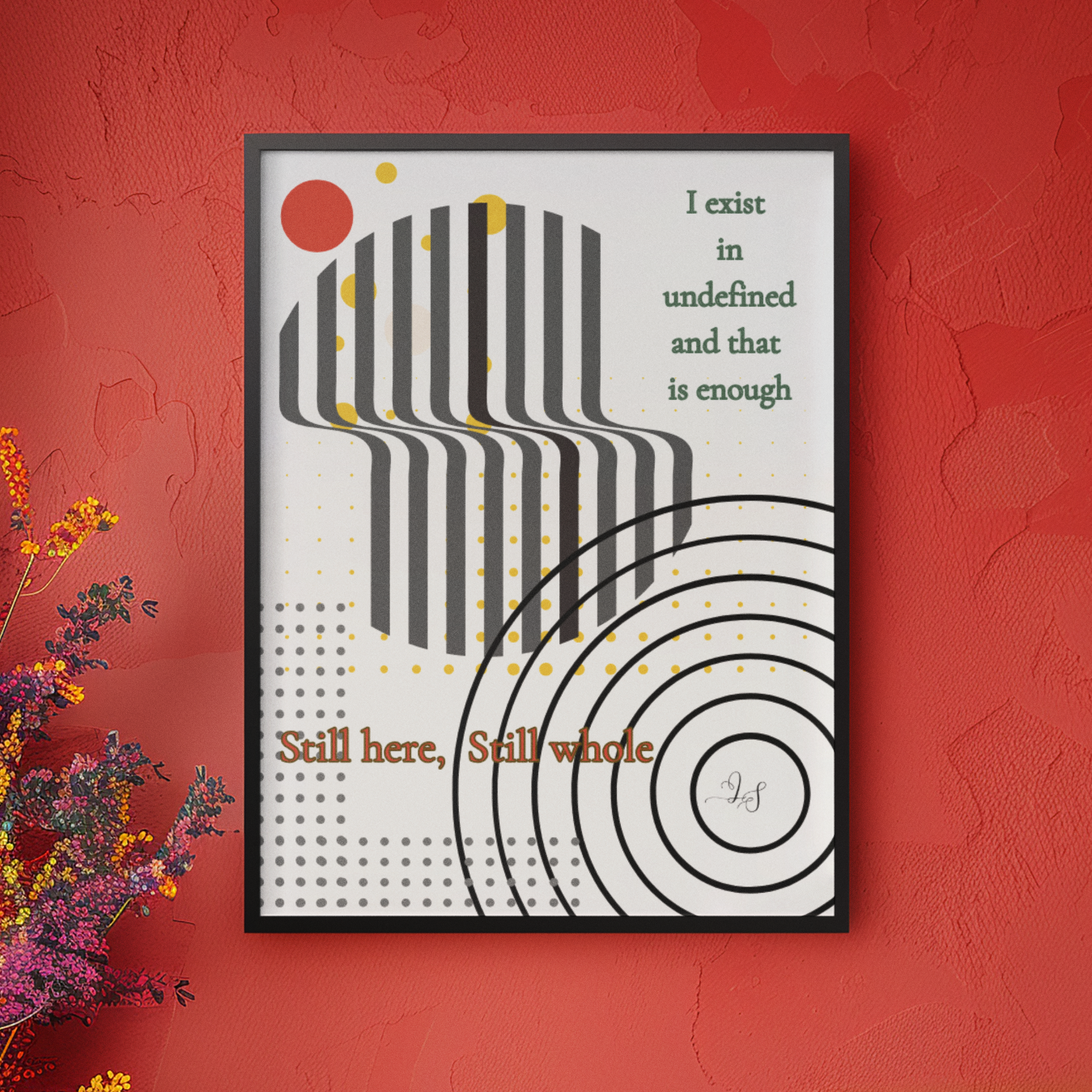 Wall art poster displayed in a colorful modern living room with orange chair, red wall, and decorative elements