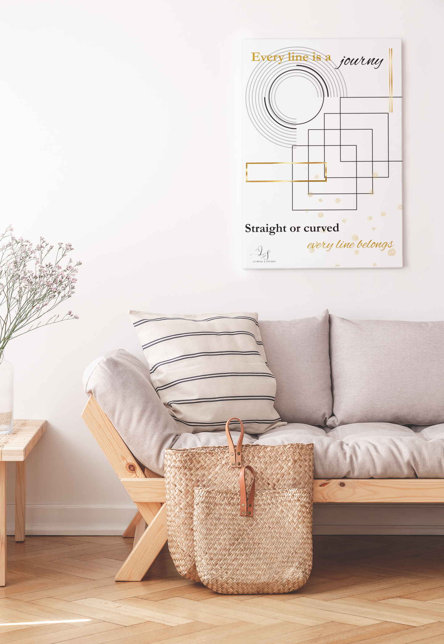 Every Line Is a Journey minimalist wall art displayed above a neutral sofa in a modern living room
