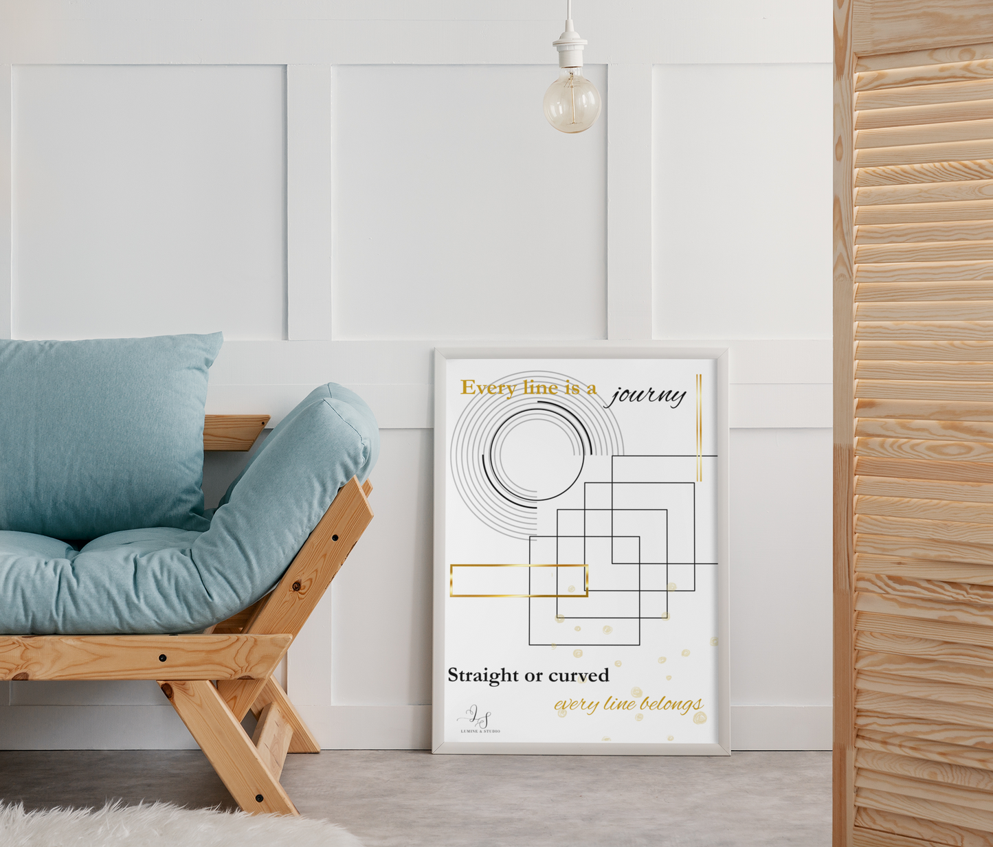 Every Line is a Journy framed minimalist wall art displayed on the floor beside a wooden sofa