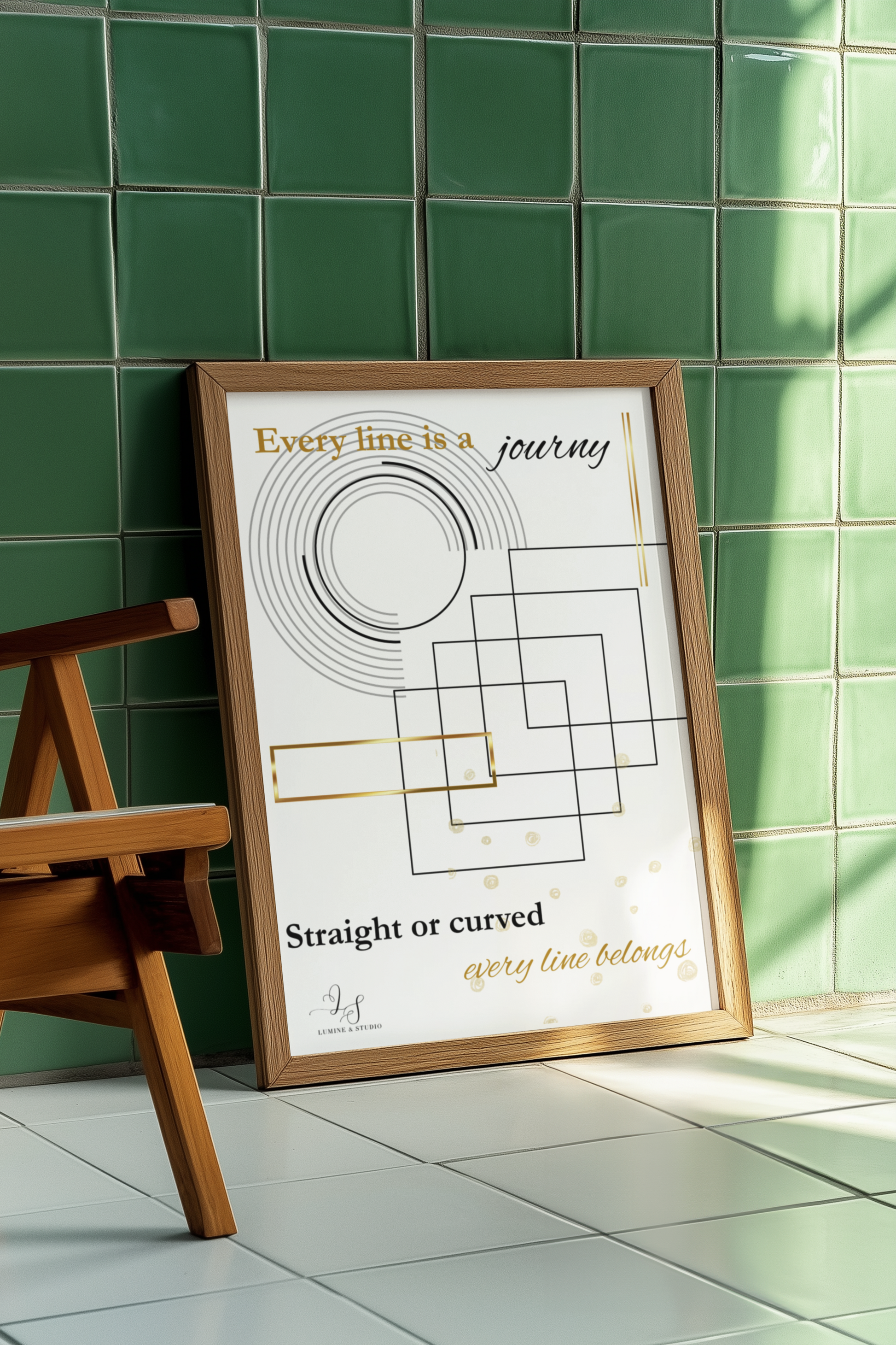 Every Line Is a Journey minimalistwall art isplayed against a green tiled wall