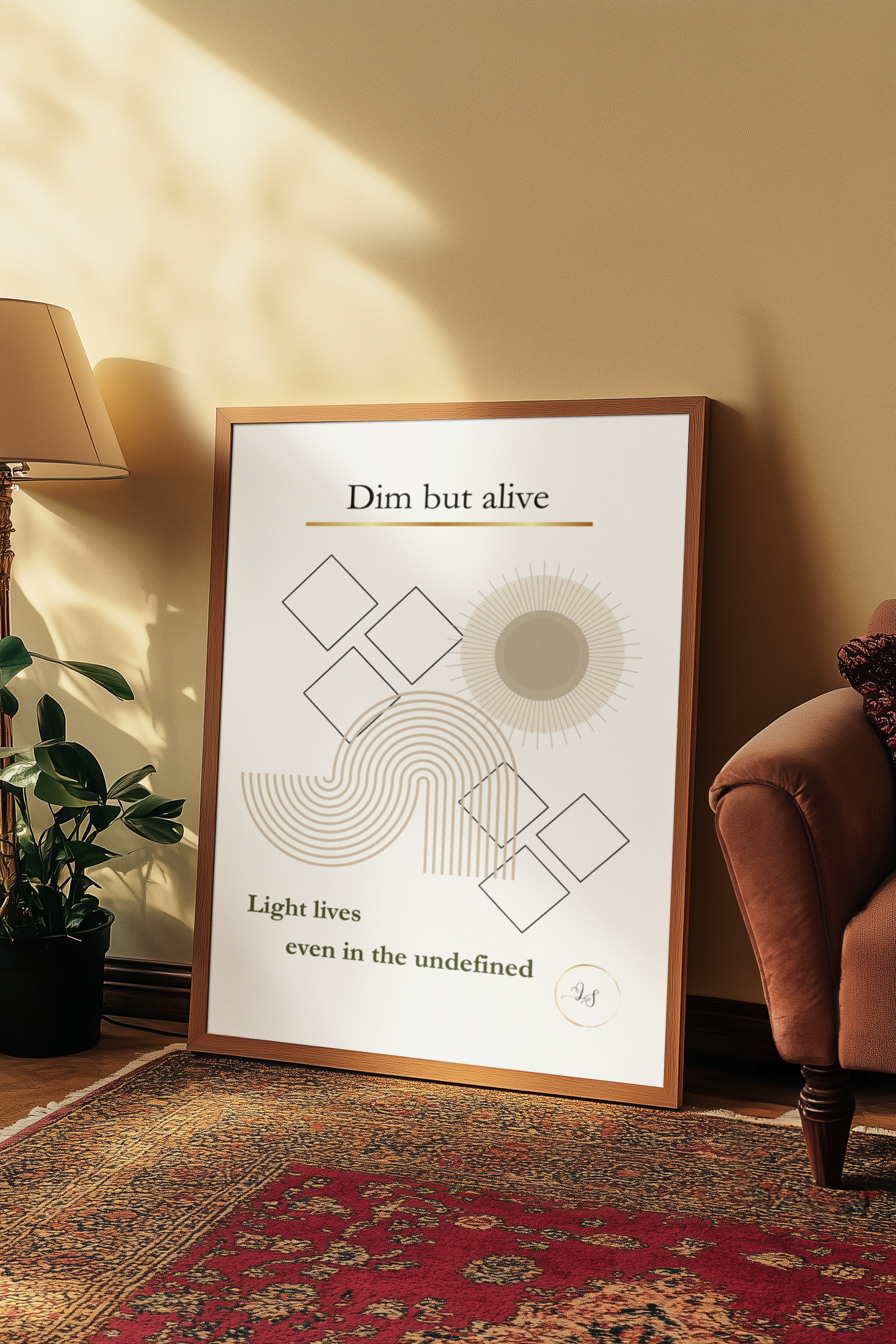 Framed minimalist geometric wall art display on the floor in a warm modern living room