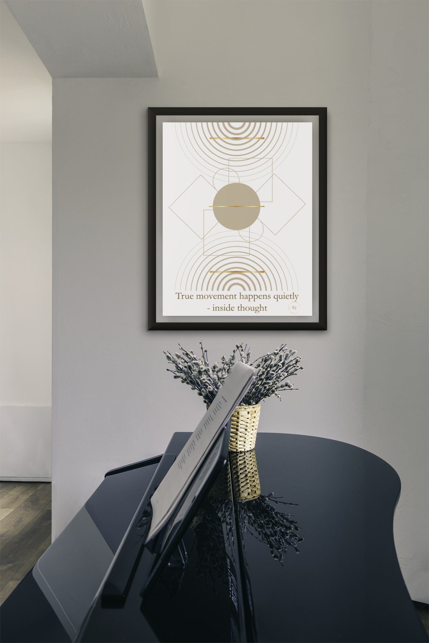 Inside Thought minimalist framed wall art dispayed above a black piano in a modern interior