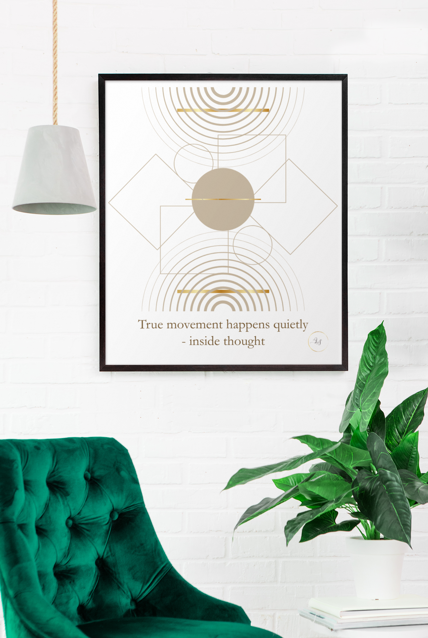 Inside Thought minimalist wall art displayed above a green chair in a modern interior