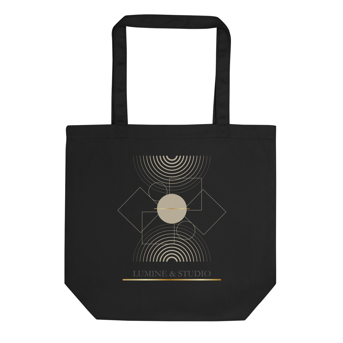 Black Lumine Studio eco tote bag with minimalsit geometric logo design, front view