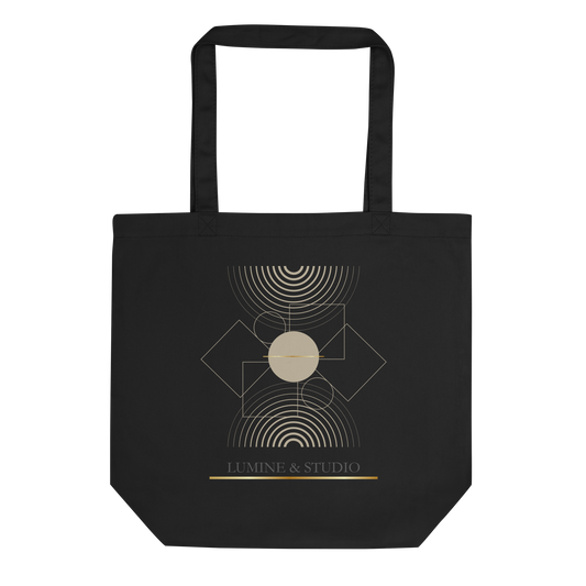 Black Lumine Studio eco tote bag with minimalsit geometric logo design, front view