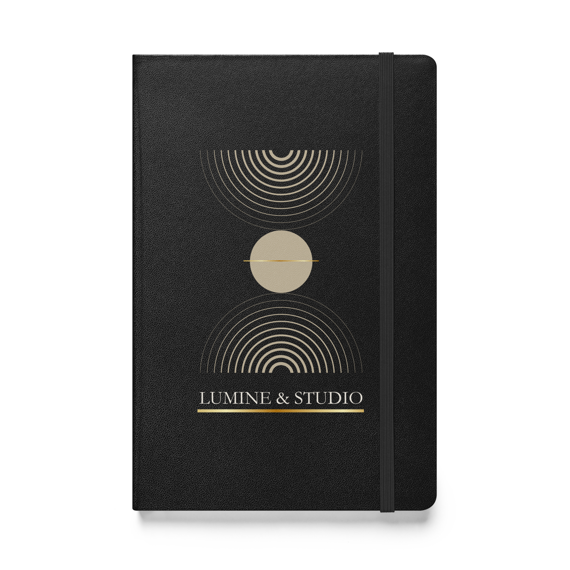 Black Lumine Studio hardcover notebook with minimalist gold geometric design, front view