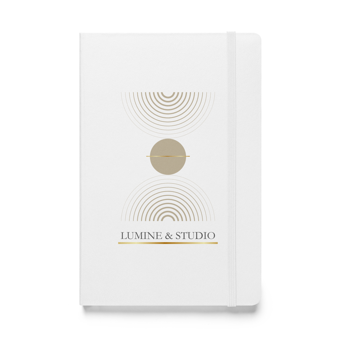 White Lumine Studio hardcover notebook ith minimalsit gold geometric design, front view
