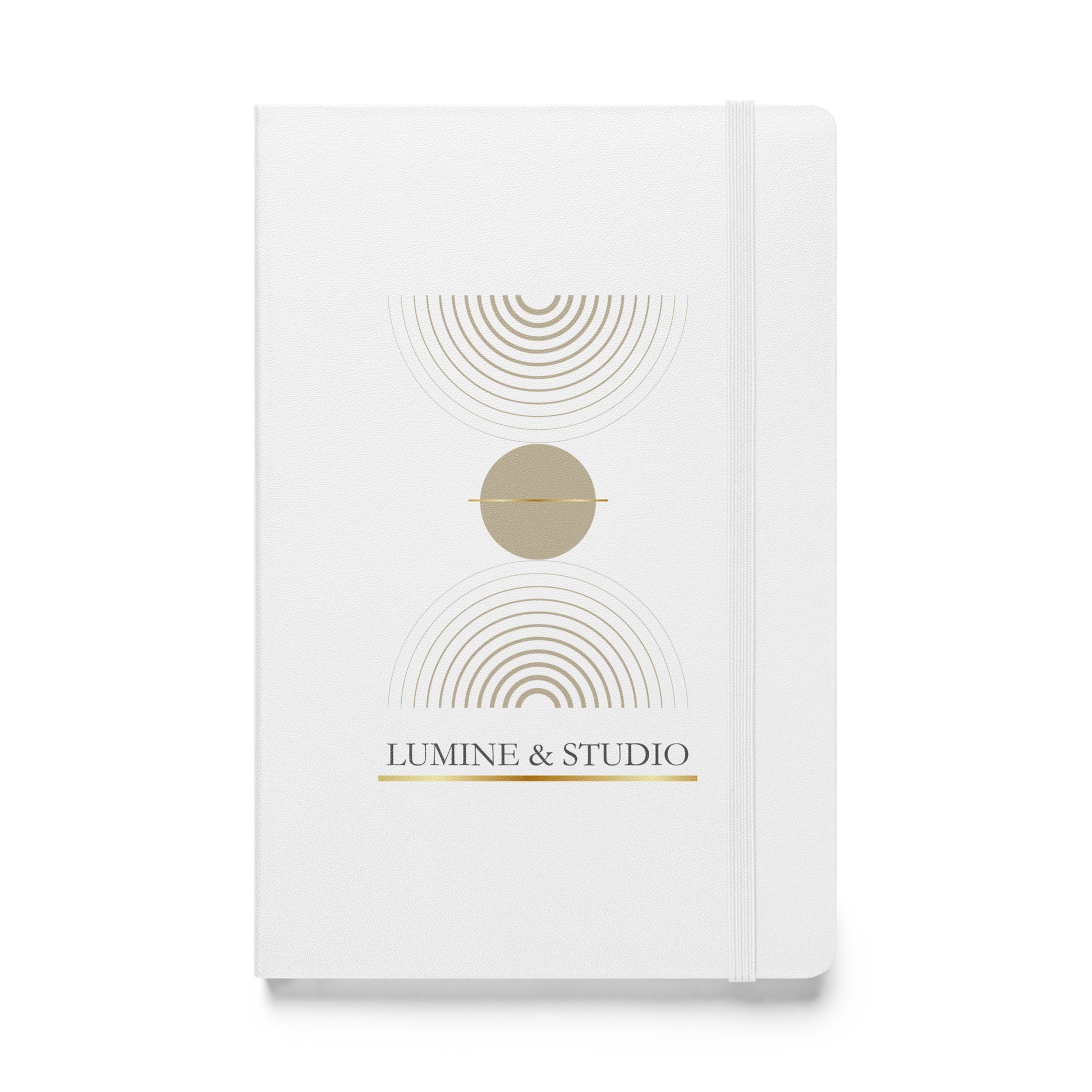 White Lumine Studio hardcover notebook ith minimalsit gold geometric design, front view