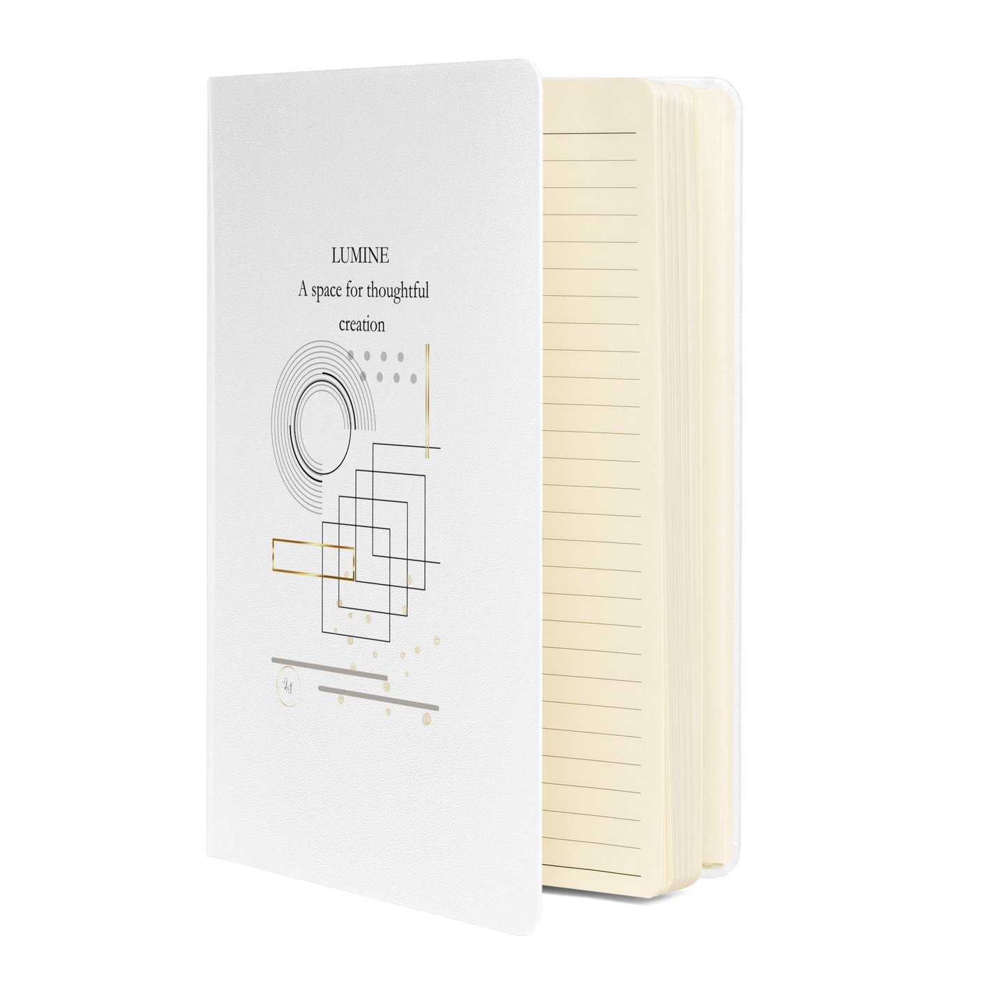 White Lumine hardcover notebook shown partialy open cream lined pages and A space for thoughtful creation design