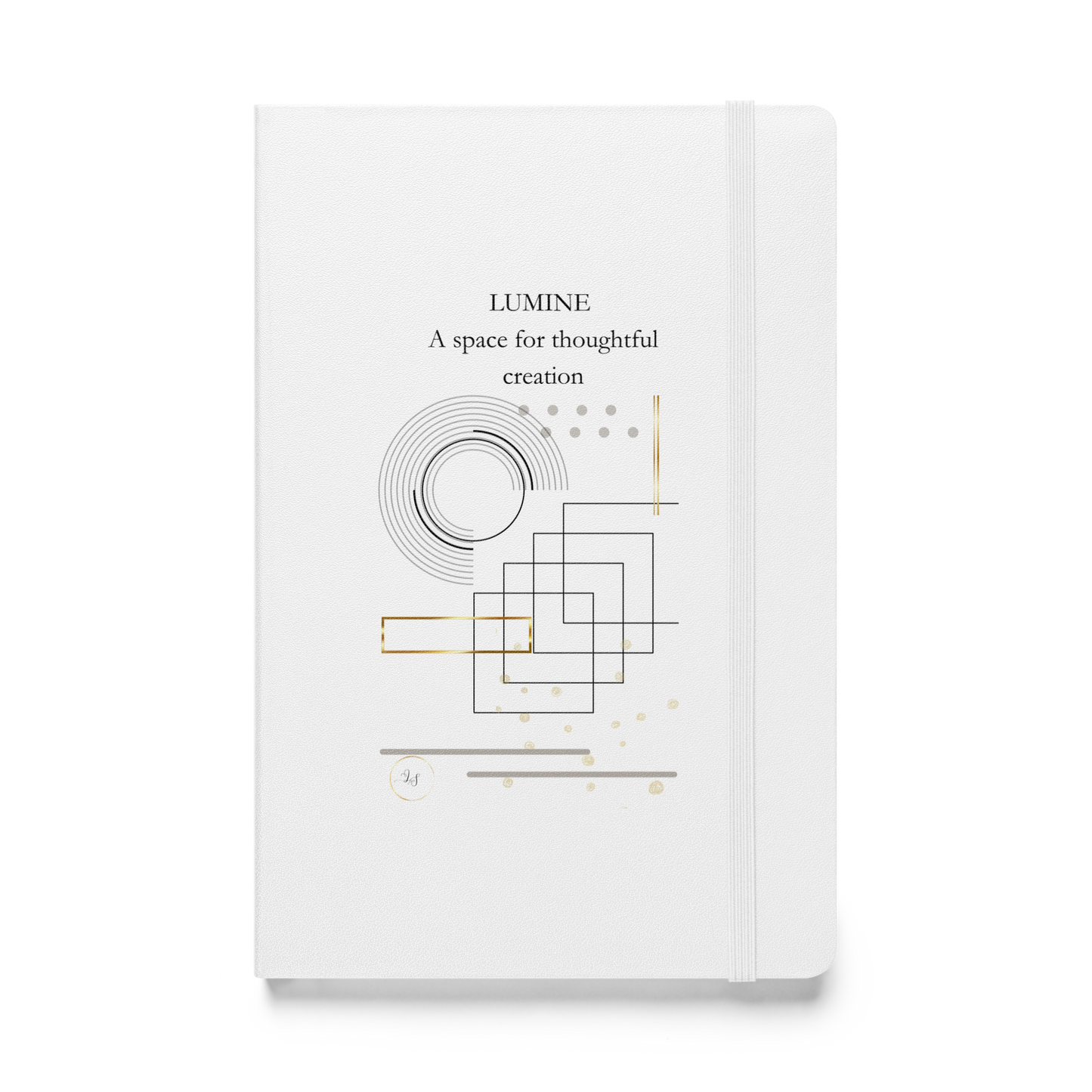 White lumine hardcover notebook with A space for thoughtful creation text and minimalist geometric design