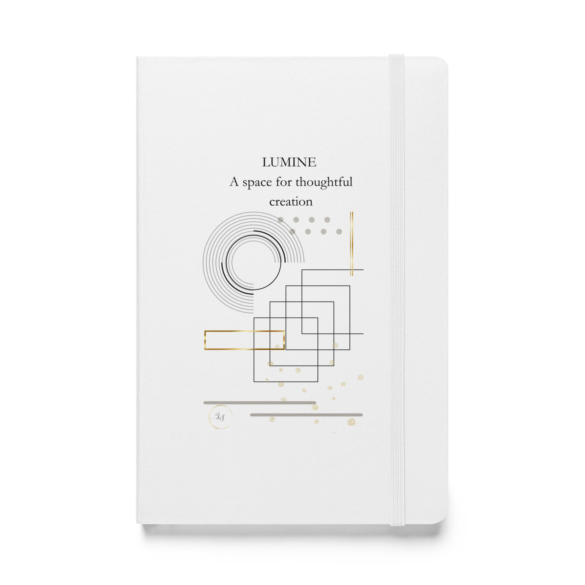 White lumine hardcover notebook with A space for thoughtful creation text and minimalist geometric design