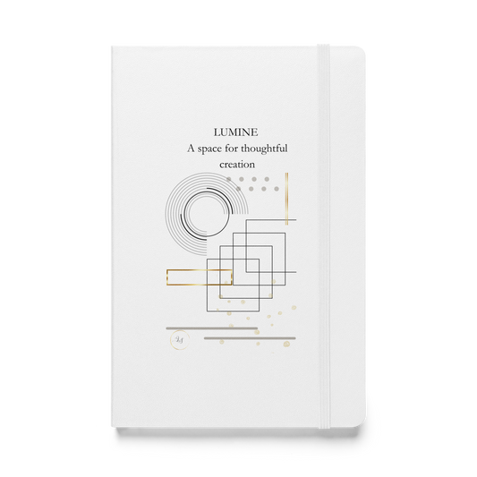 White lumine hardcover notebook with A space for thoughtful creation text and minimalist geometric design