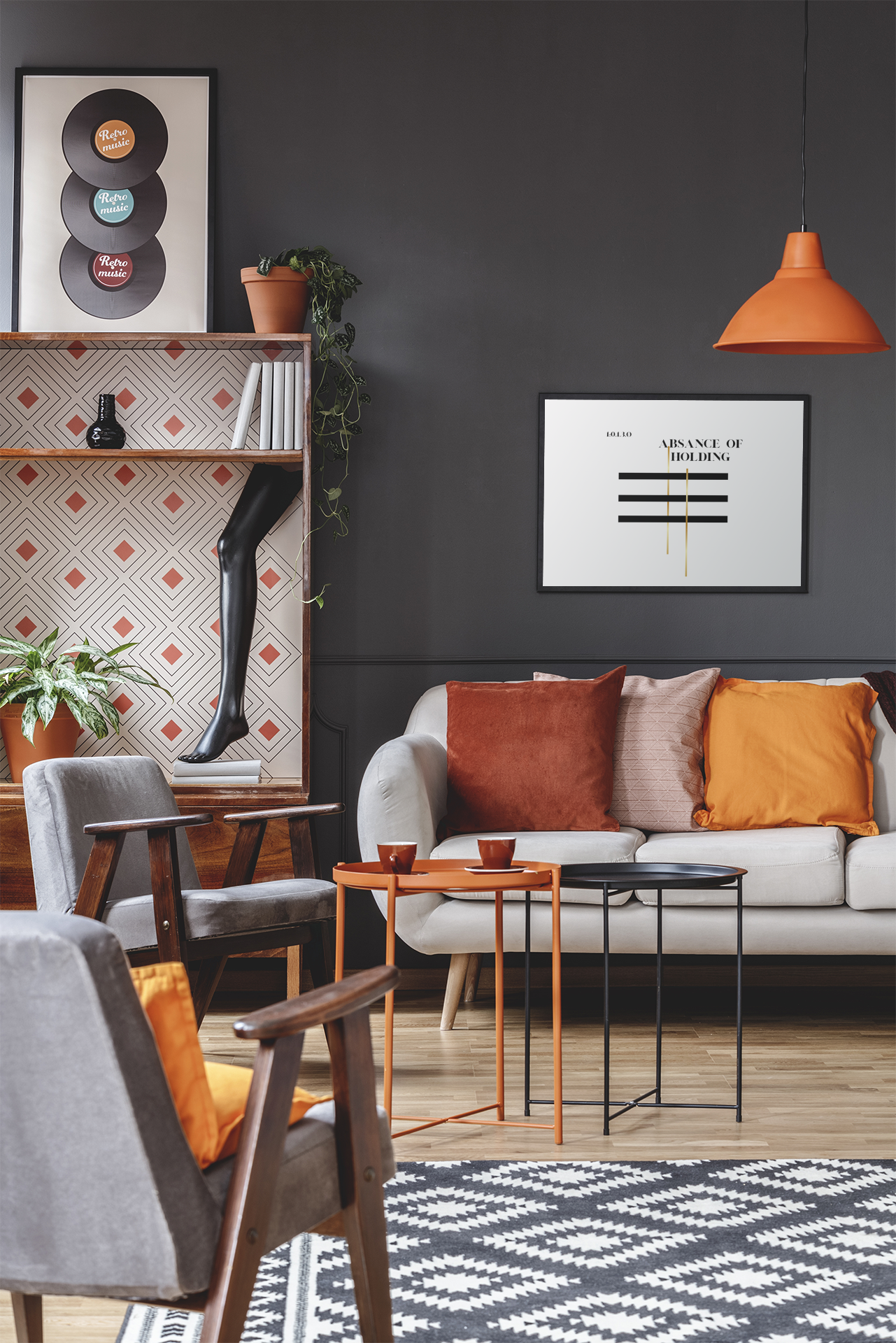 Wall art poster displayed in a mid-century modern living room with sofa, armchairs, and warm decor elements
