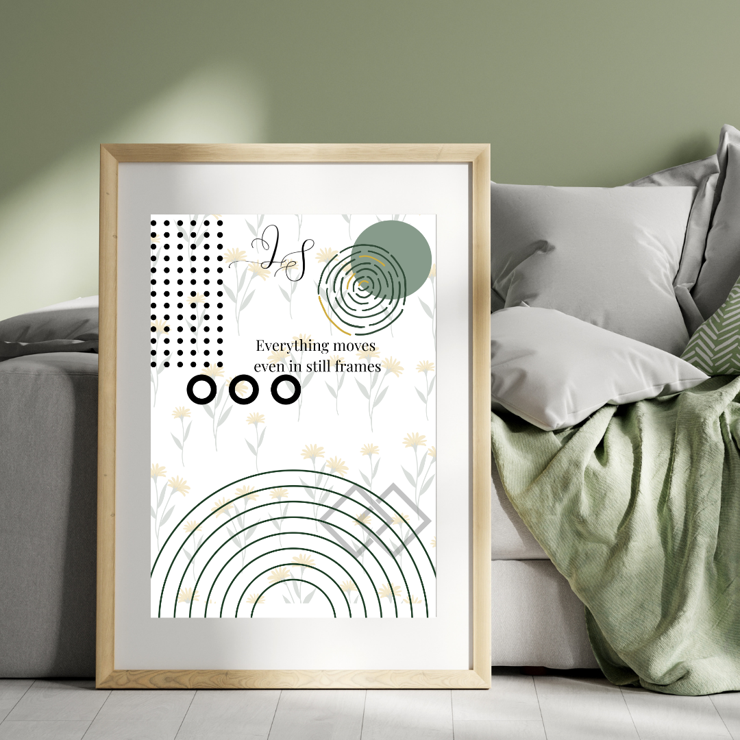 framed minimalist abstract botanical wall art styled in a soft neutral bedroom interior.
