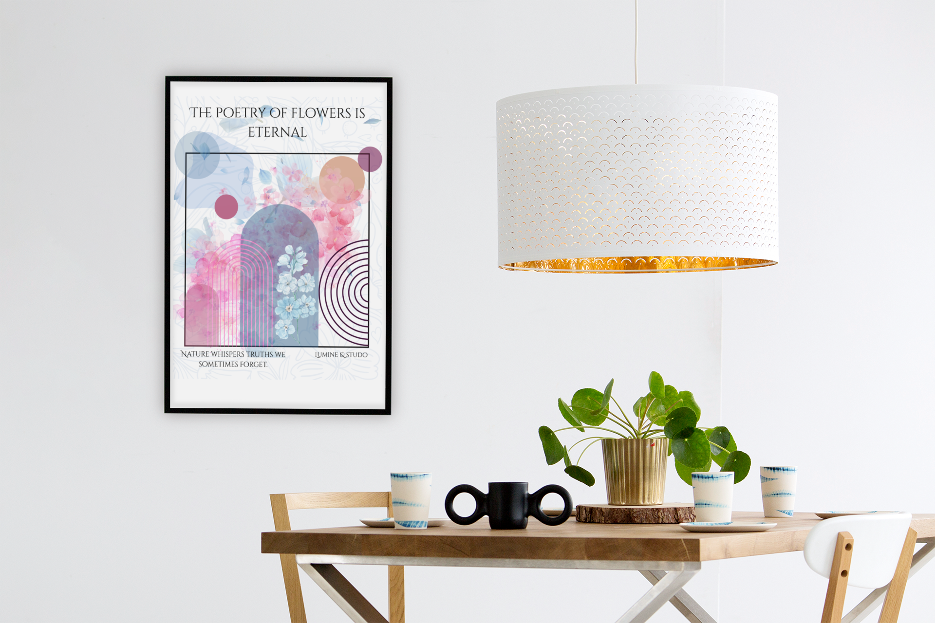 Wall art poster displayed above a dining table in a minimalist modern interior with decor and lighting
