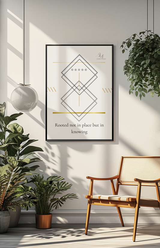 Minimalist geometric wall art print framed in a brightliving room with wooden chair and indoor plants.