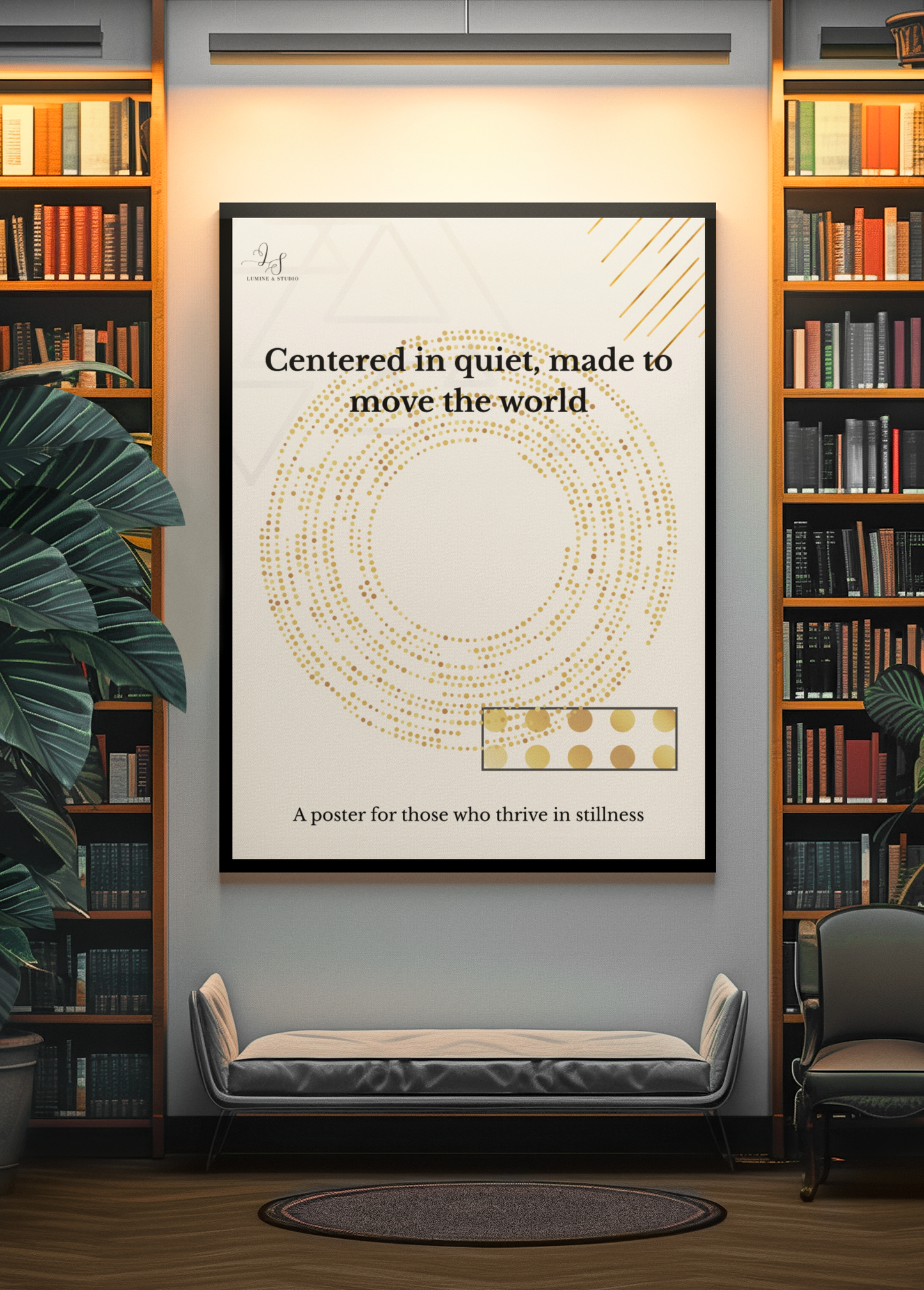 minimalist geometric wall art displayed in a modern library interior with bookshelves and a bench