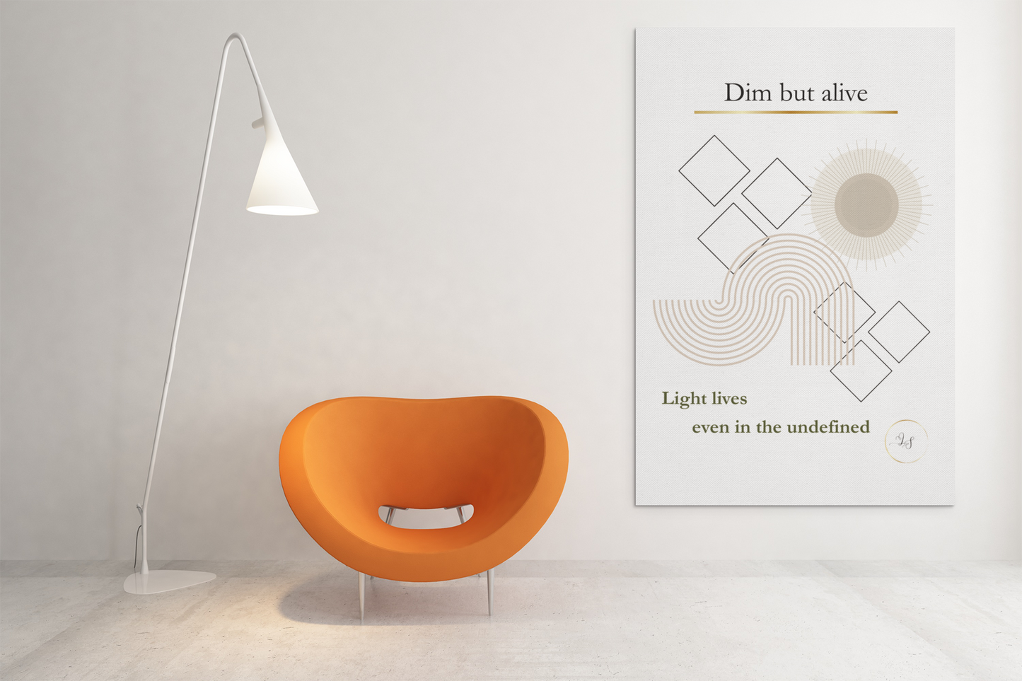 Minimalist geometric wall art displayed beside an orange chair and modern floor lamp
