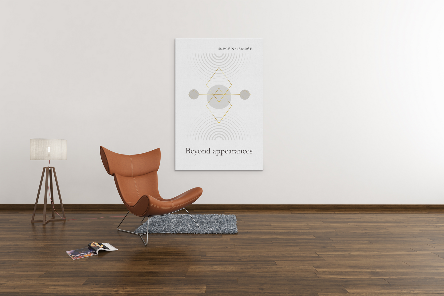 Minimalist geometric wall art print on a white wall in a modern interior with a brown chair and floor lamp