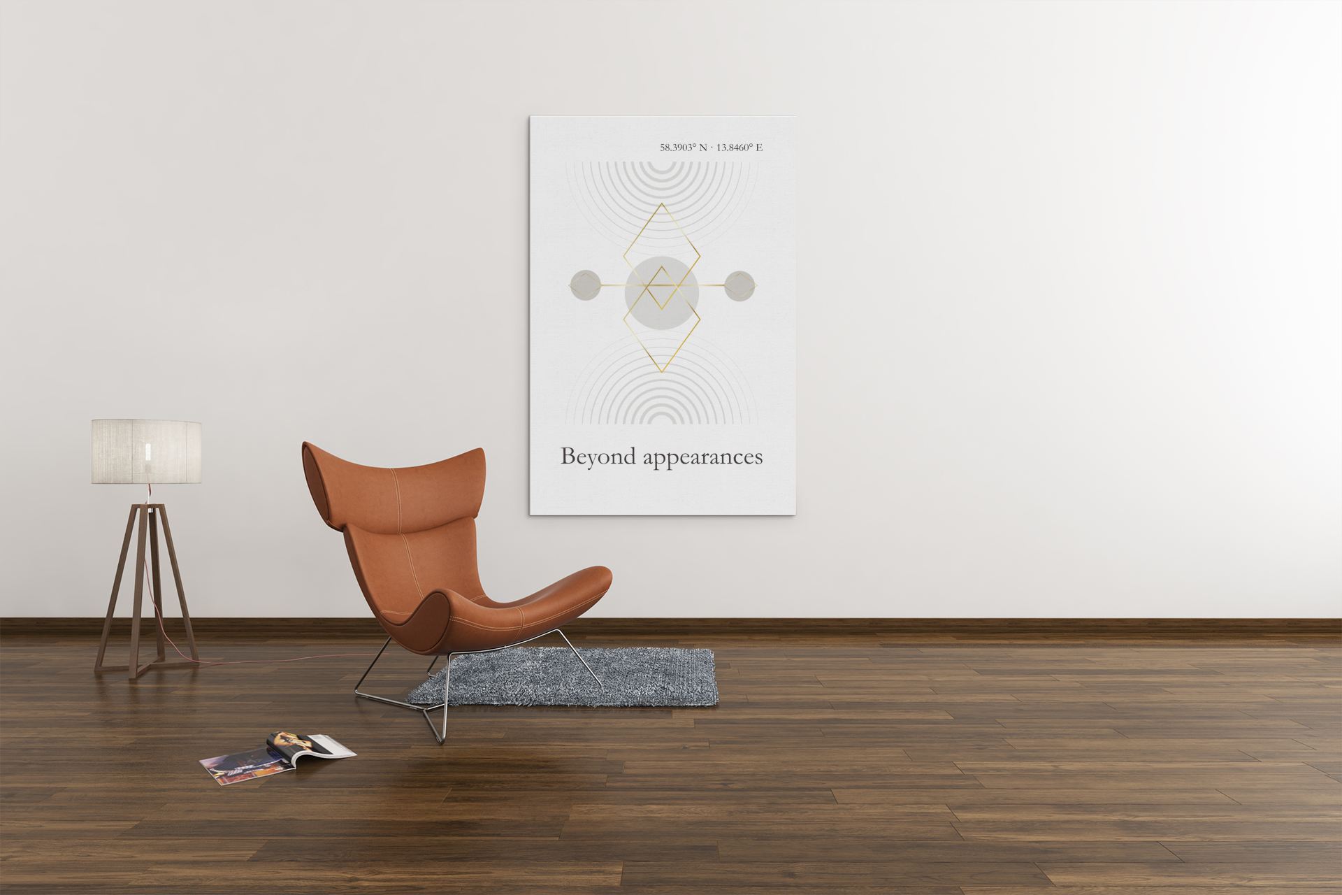 Minimalist geometric wall art print on a white wall in a modern interior with a brown chair and floor lamp