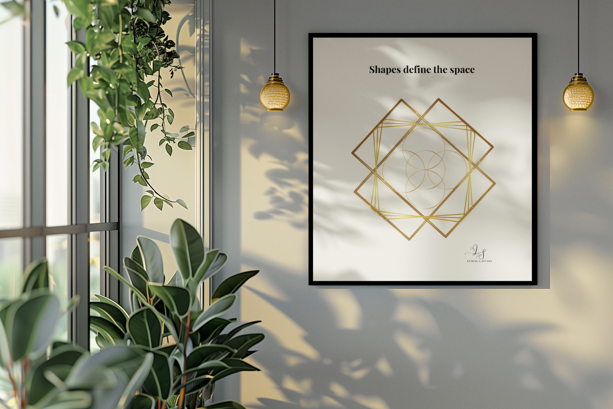 minimalist geometric wall art with gold linework and the text "Shapes define the space" shown in a neutral interior.