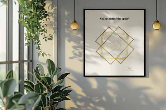 minimalist geometric wall art with gold linework and the text "Shapes define the space" shown in a neutral interior.