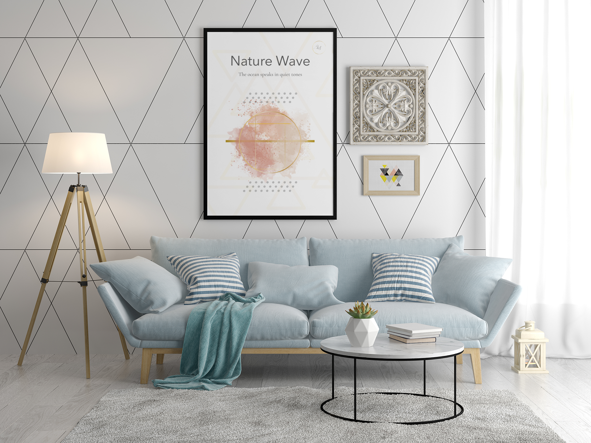 Minimalist Japandi wall art print styled in neutral Scandinavian living room interior.