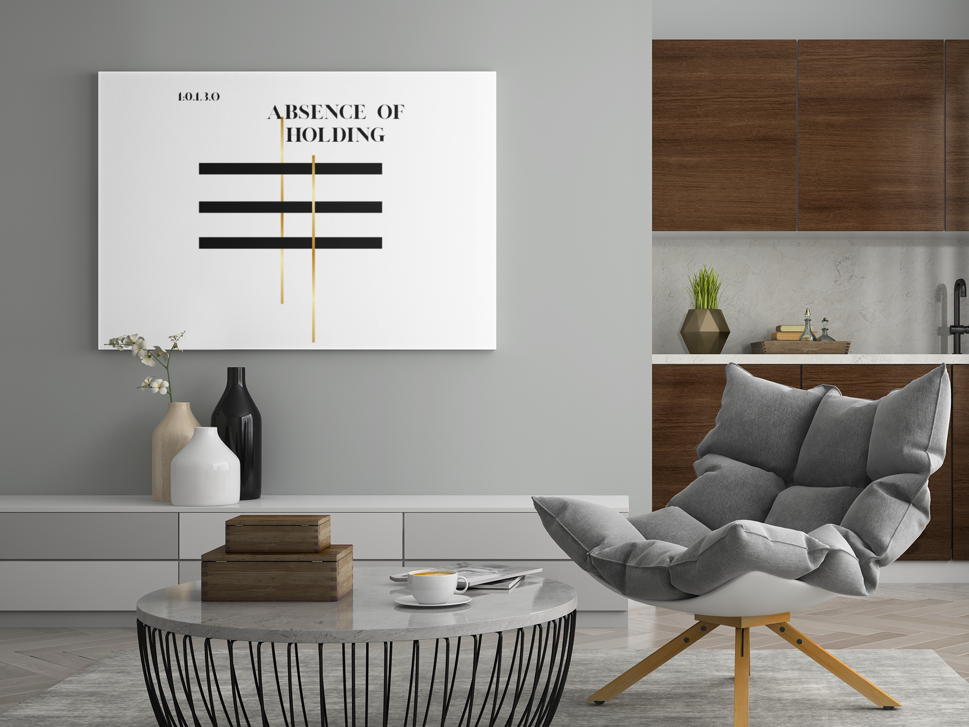 Wall art poster displayed in a modern minimalist living room with gray chair, coffee table, and neutral decor