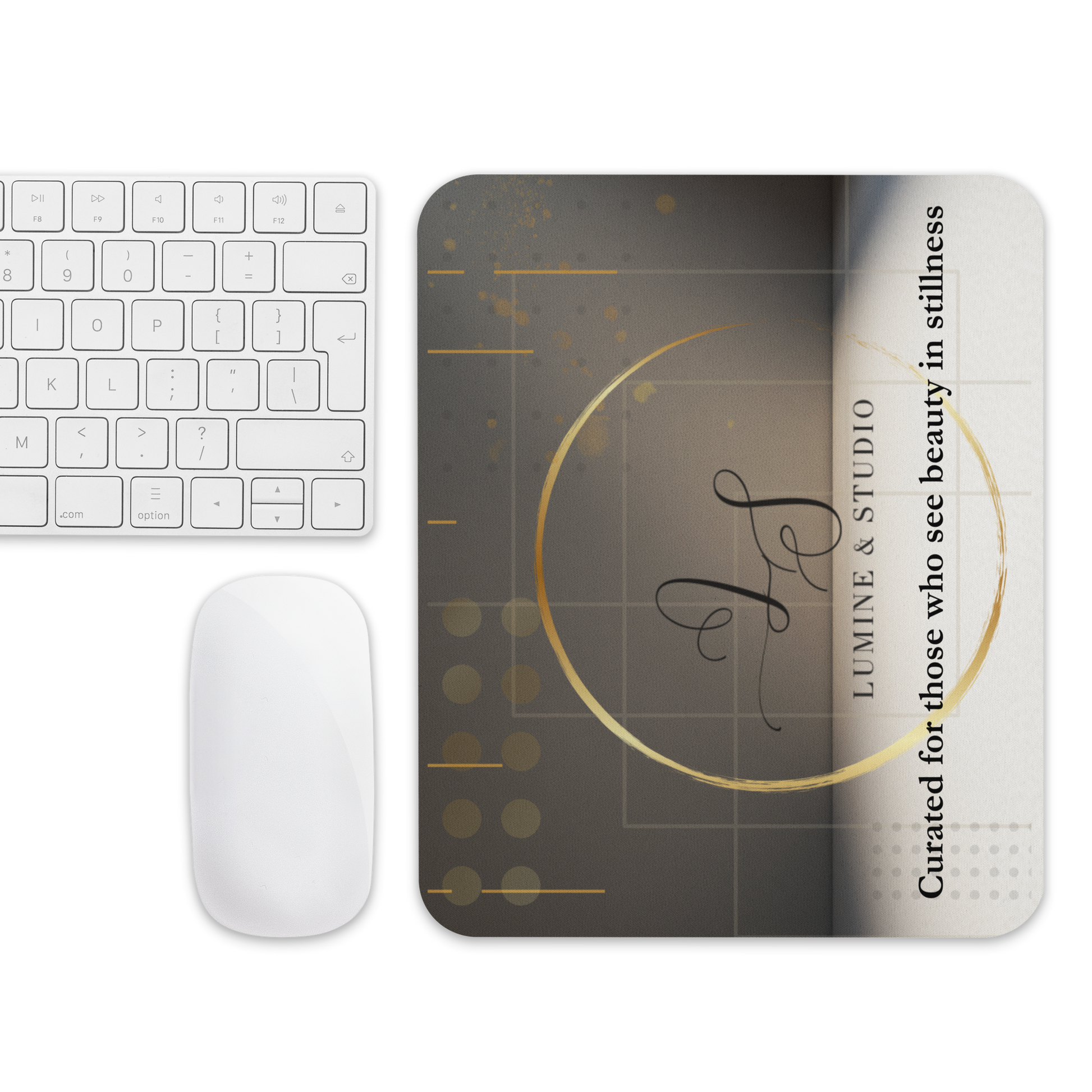 Minimalist garyand creammouse pad by Lumine Studio shown in a desk setup with keyboard and mouse