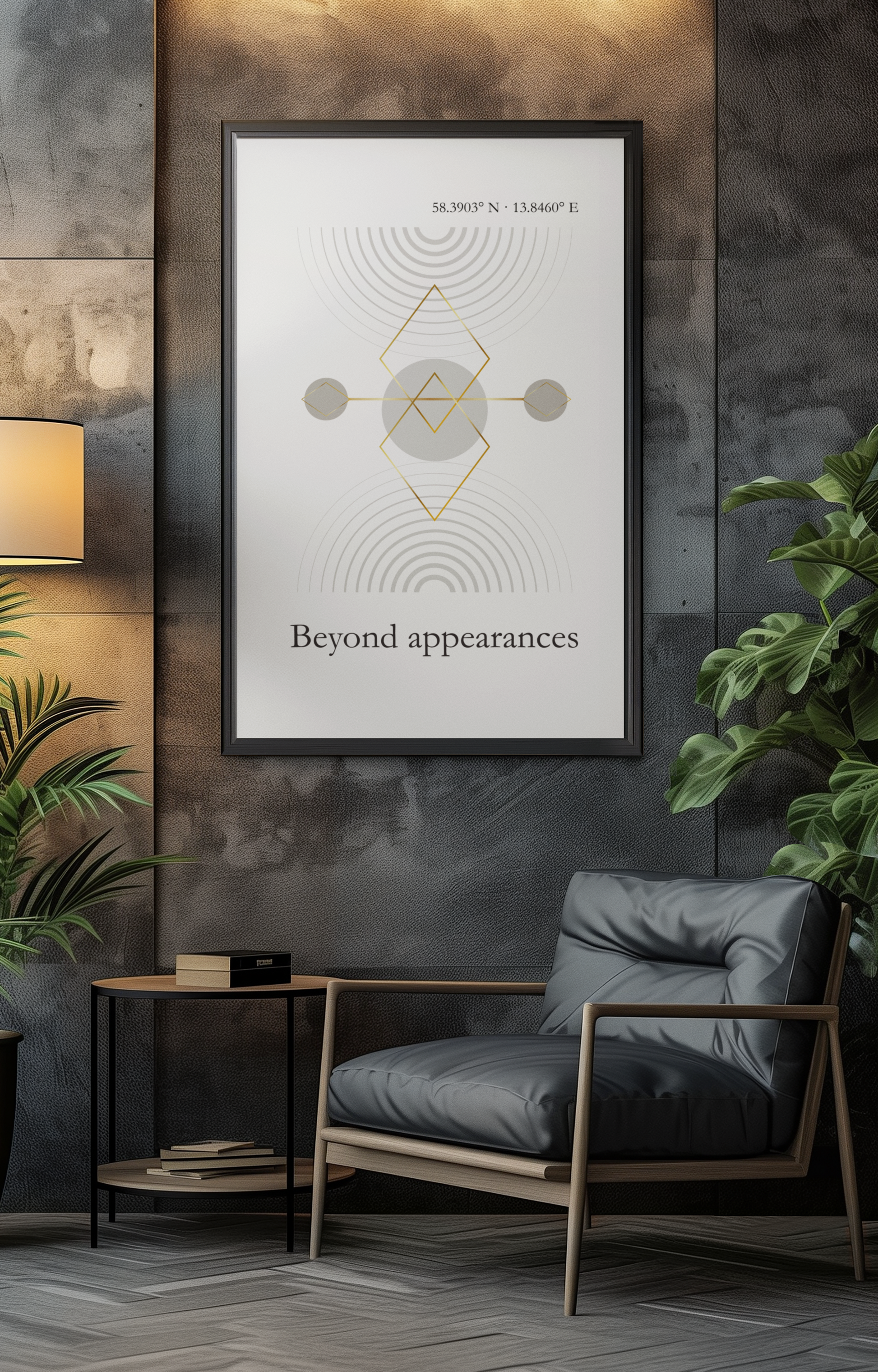 Minimalist geometric wall art print in a modern interior with textured wall, chair, and soft lighting